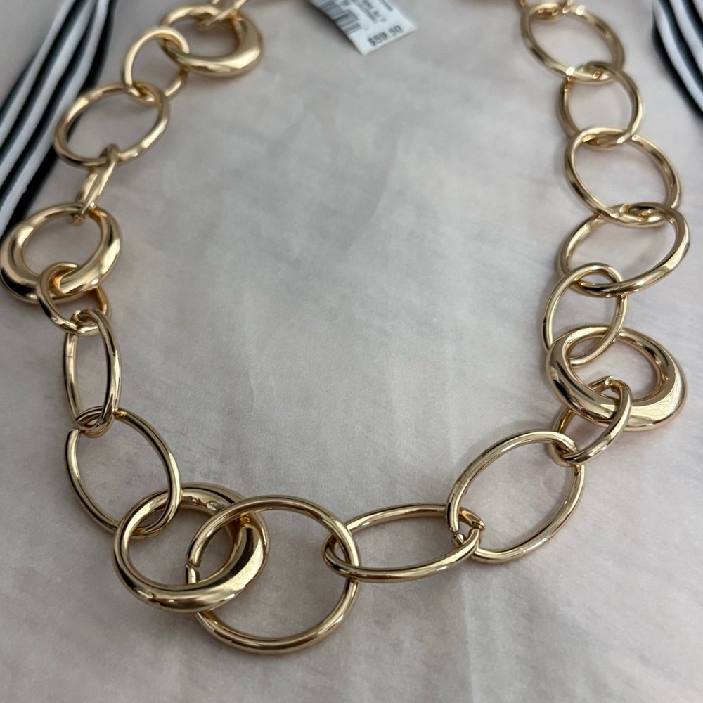 NWT Trina Turk Gold Chain Black & White Stripe Ribbon Tie Necklace - Picture 2 of 5